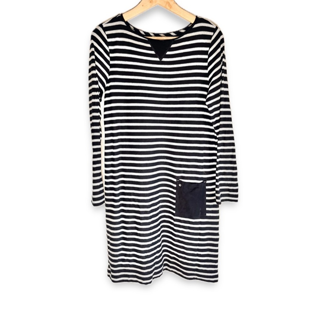 J Jill Cotton Striped Long Sleeve Pocket Dress Tunic Mini Breton Gray Navy Blue